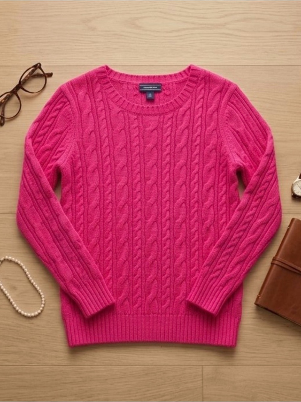 Lands' End Women's Drifter Cable Knit Sweater Crewneck Barbie Pink L Fisherman